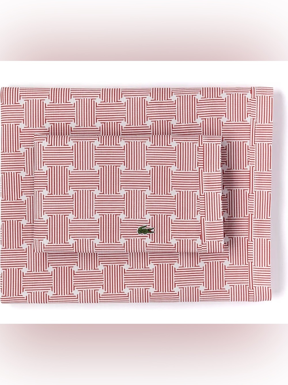 Lacoste 100% Cotton Percale Sheet Set, Geo Compass Print, Garnet, Queen